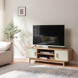 Comoda TV Ferrersp cu 2 usi, 140x40x45 cm, aspect stejar si nisip