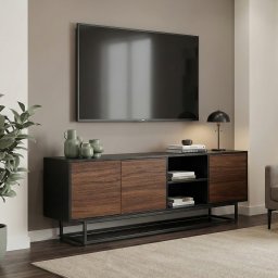 Comoda TV Boxholm 160x30x56,5 cm, negru cu fronturi aspect nuc