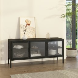 Vitrina sideboard metalica neagra cu 3 usi din sticla, 118 cm
