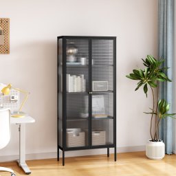 Vitrina living Vinterhavn 180x80x35 cm din otel negru cu sticla