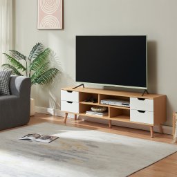 Comoda TV Bordkak 140x30x45 cm, aspect stejar si alb, [en.casa]