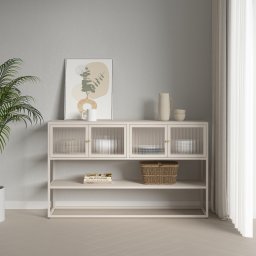 Bufet living Sakyla cu 4 usi din sticla si raft, 150x38x90 cm, camel