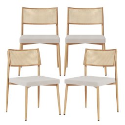 Set 4 scaune dining bej cu spatar aspect ratan si sezut tapitat