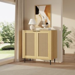 Bufet living Lukhomso 83x80x40 cm, aspect stejar si ratan