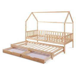 Pat copii dublu tip casuta 90x200 cm din lemn de pin natur