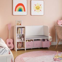 Biblioteca pentru copii cu bancuta si cutii depozitare, alb/roz, 112 cm