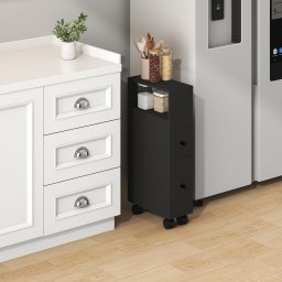 Dulap îngust cu roti Broreynna pentru baie si bucatarie, 66x15x33 cm, negru