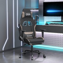 Scaun de gaming cu taburet, negru si gri taupe, textil GartenMobel Dekor