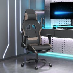 Scaun de gaming cu taburet, negru si gri taupe, textil GartenMobel Dekor
