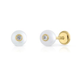 Cercei din Aur 14K pentru Copii, model Perla 5mm cu Piatra CZ alba, inchidere cu Filet si Protectie