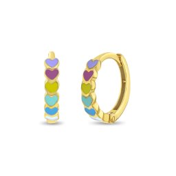 Cercei din Aur 14K pentru Copii si Adolescente, model Cascada Inimioare cu Email Multicolor, inchidere tip Tortita