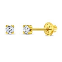 Cercei din Aur 14K pentru Copii – Diamant Natural 2mm, montura Prong, inchidere cu Filet si Protectie