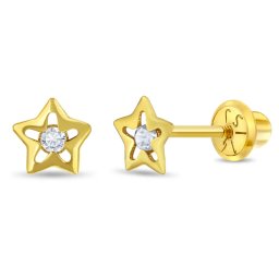 Cercei din Aur 14K pentru Copii – Steluta cu piatra CZ alba, inchidere cu Filet si Protectie