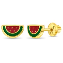 Cercei din Aur 14K pentru Copii – Pepene rosu email rosu si verde, inchidere cu Filet si Protectie