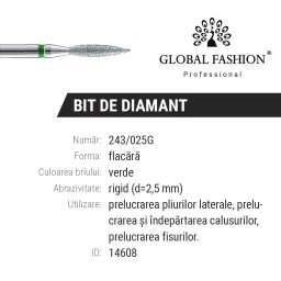 Bit de diamant pentru cuticule, formă de flacără, cu nuanță verde 243/025G