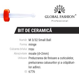 Bit de ceramica pentru cuticule, forma minge, abrazivitate moale, M 3/32 Smal Ball