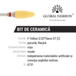 Bit ceramica, flacara, rosu, indepartat gel UV si oja semipermanenta, F Yellow Flame ST (C)