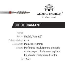 Bit de diamant pentru cuticule, formă de flacără, cu nuanță roșie și textură tornado 243/023L