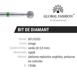 Bit de diamant pentru cuticule, formă de sferă, brau verde 001/035G.