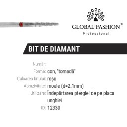 Bit de diamant pentru cuticule, con rotunjit, cu nuanță roșie și textură tornado