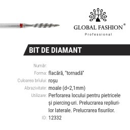 Bit de diamant pentru cuticule, formă de flacără, cu nuanță roșie și textură tornado 243/021L