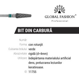 Bit carbid, pentru freza electrica, forma con rotunjit, verde, 4 mm