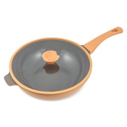 Tigaie wok din aluminiu turnat cu acoperire ceramica si capac, 30 cm, crem