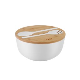 Bol pentru salata din fibra de bambus 25 cm cu capac, alb, ZASS