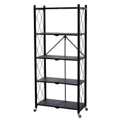 Raft depozitare, MagicHome, metalic, pliabil, pe roti, 5 polite, negru, max 250 kg, 72x34x163 cm