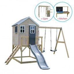 Casuta de gradina grey lodge cu tobogan, leagan dublu, modul sport si bucatarie (m28g_gk), wendi toys