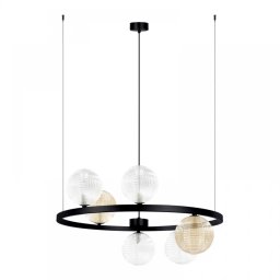 Lustră Saturno, 6xG9, H130cm, D68cm, metal negru, sticlă, ambră, transparentă