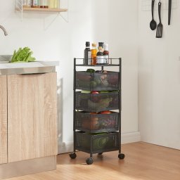 Carucior de depozitare cu 4 niveluri si roti, negru, 79,5x27x27 cm