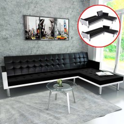 Canapea extensibila în forma de L, negru, piele ecologica GartenMobel Dekor