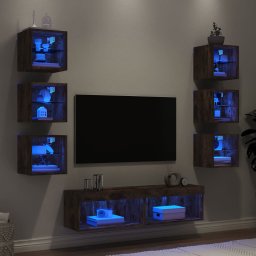 Unitati de perete TV cu LED-uri, 8 piese, stejar fumuriu, lemn GartenMobel Dekor