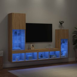 Unitati de perete TV cu LED-uri, 4 piese, stejar sonoma, lemn GartenMobel Dekor