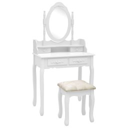 Set masa de toaleta cu taburet alb 75x69x140 cm lemn paulownia GartenMobel Dekor