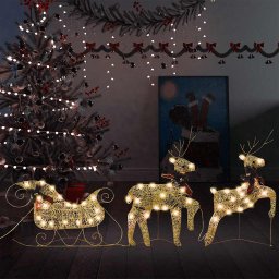 Decor de Craciun cu reni si sanie, 60 LED-uri, auriu, exterior GartenMobel Dekor