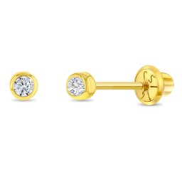 Cercei din Aur 14K pentru Nou-nascuti, Bebelusi – Diamant Natural 2mm, montura Bezel, inchidere cu Filet si Protectie