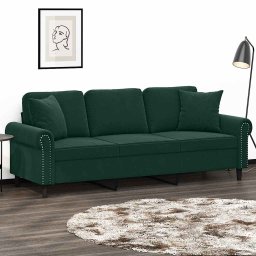 Canapea cu 3 locuri cu pernute, verde închis, 180 cm, catifea GartenMobel Dekor