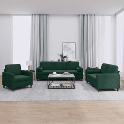 Set canapea cu perne, 3 piese, verde închis, catifea GartenMobel Dekor