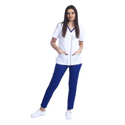 Costum medical cu elastan format din bluza alb cu paspol albastru si pantaloni albastri cu elastic