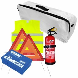 Set auto prim ajutor complet cu stingator 1 kg, 2 triunghiuri si vesta