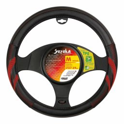 Husa volan Suzuka din imitatie piele, M, 37-39 cm, negru/rosu