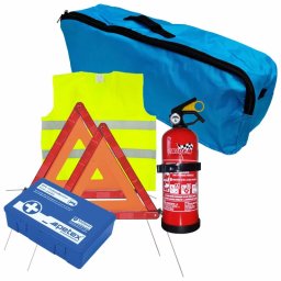 Set prim ajutor auto 6 piese cu stingator, triunghiuri si geanta albastra