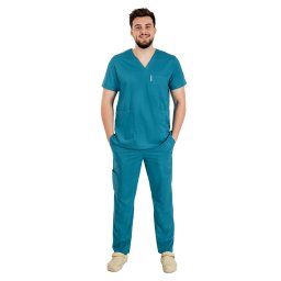 Costum medical stretch barbati aqua cu bluza in V si pantaloni cu snur si elastic