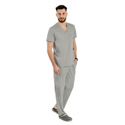 Costum medical stretch barbati gri cu bluza in V si pantaloni cu snur si elastic