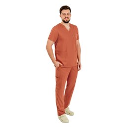 Costum medical stretch barbati caramel cu bluza in V si pantaloni cu snur si elastic