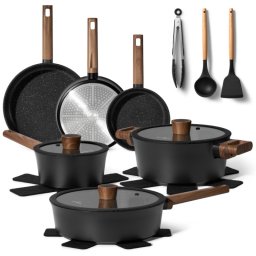 Set de oale si tigai Just Perfecto JL-111, 15 piese, Acoperire din granit, Inductie, Ustensile, Negru