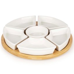 Set servire rotativ cu platou din bambus si 6 boluri din portelan, 30 cm, maro natur si alb