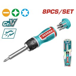 Set surubelnita cu clichet TOTAL, 8 piese, cu biti Cr-V pentru uz general
